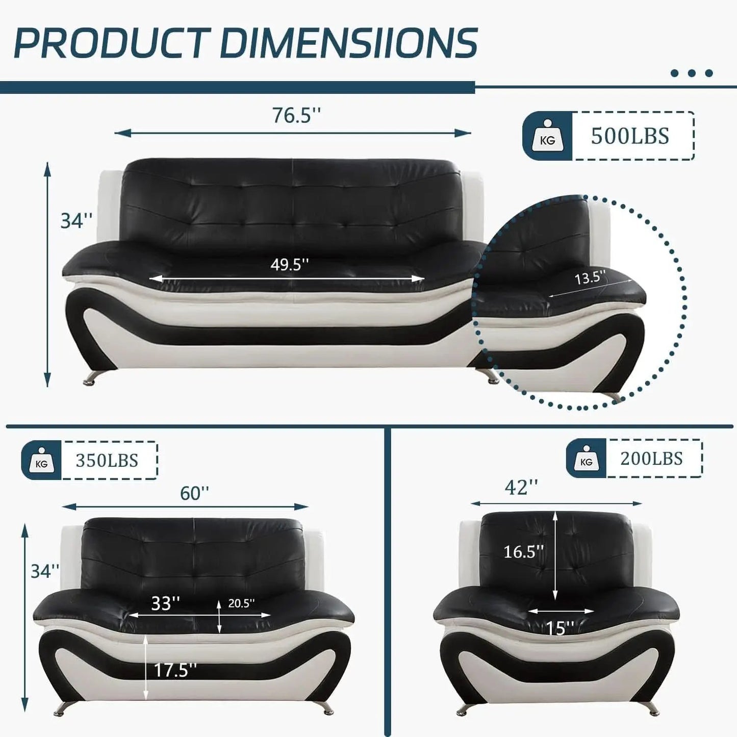 Vegan Leather Sofa Set 3 Piece Living Room Furniture White and Black from PriceLows™