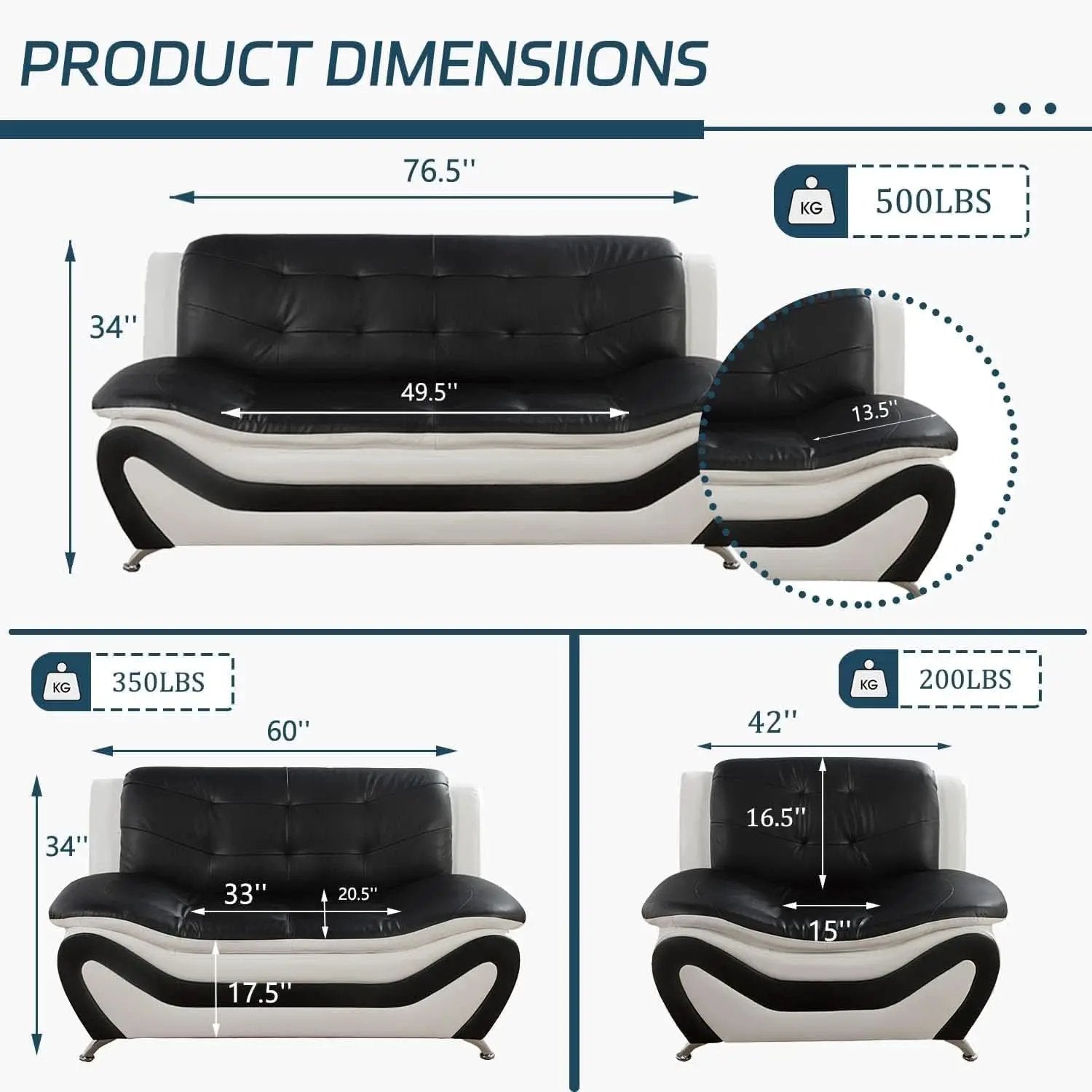 Vegan Leather Sofa Set 3 Piece Living Room Furniture White and Black from PriceLows™