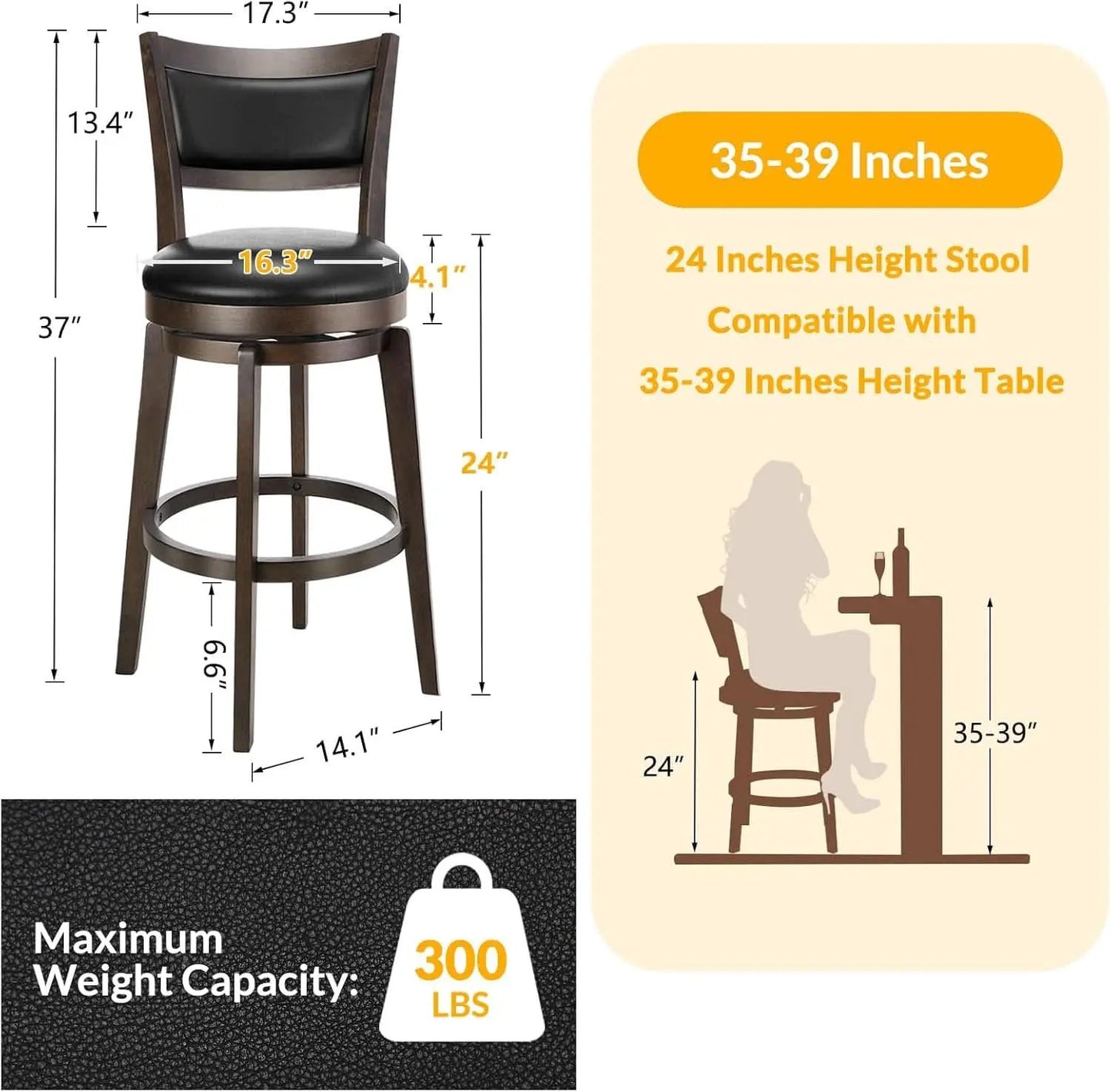 24 Inch Counter Height Swivel Bar Stools Black Set Of 2 from PriceLows™