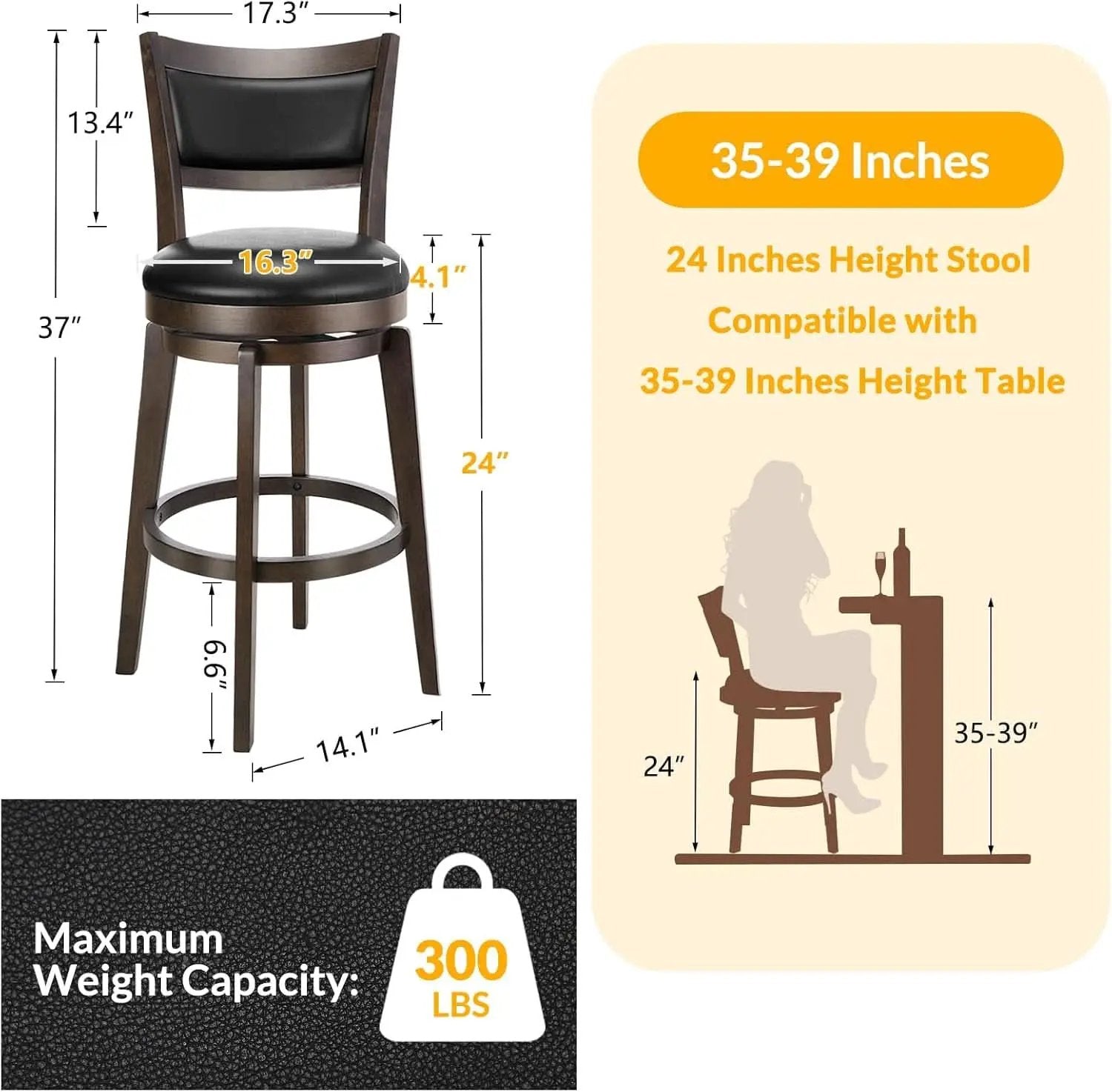 24 Inch Counter Height Swivel Bar Stools Black Set Of 2 from PriceLows™