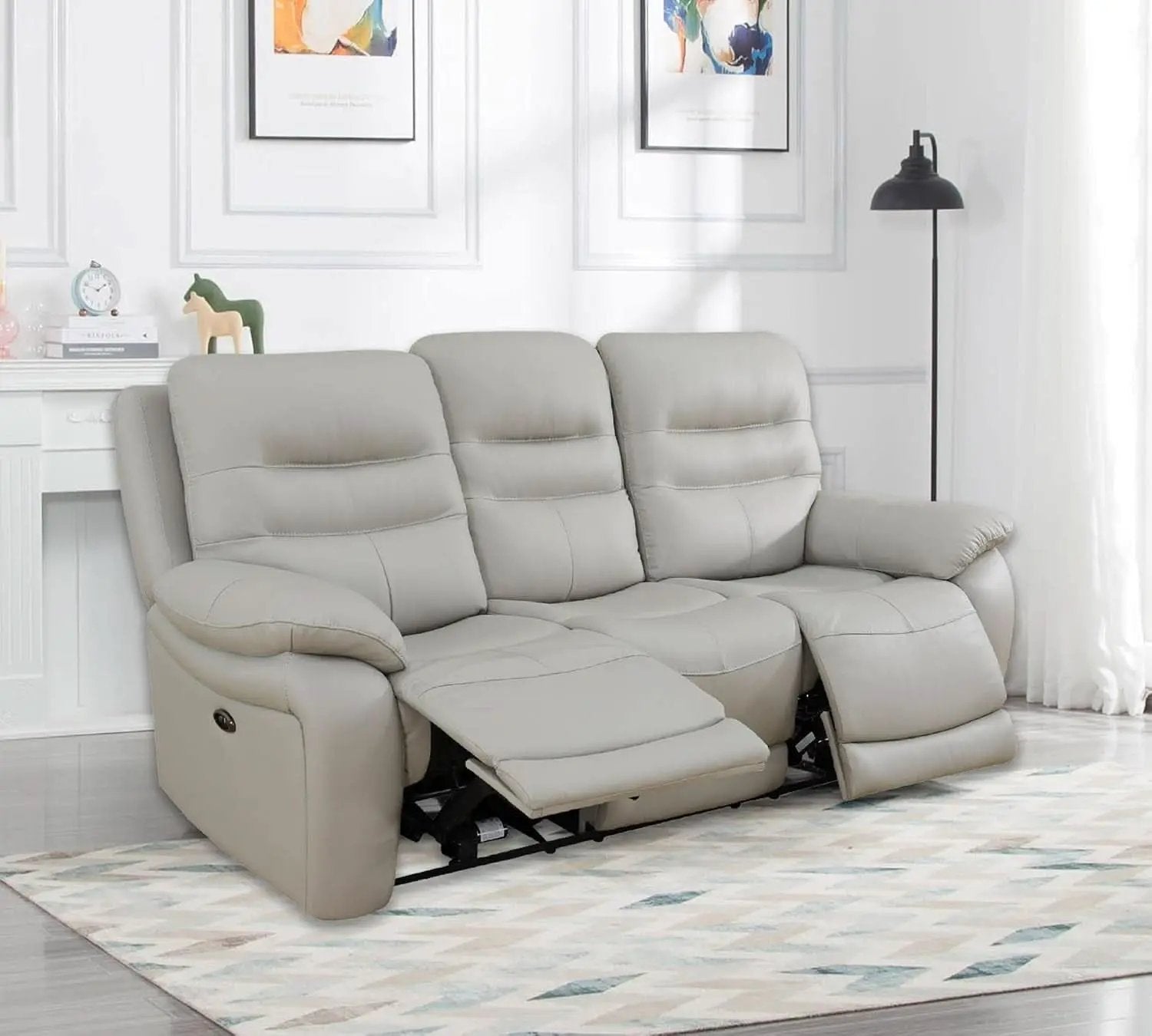Power Reclining Leather Sofa Set With USB Port Light Grey from PriceLows™