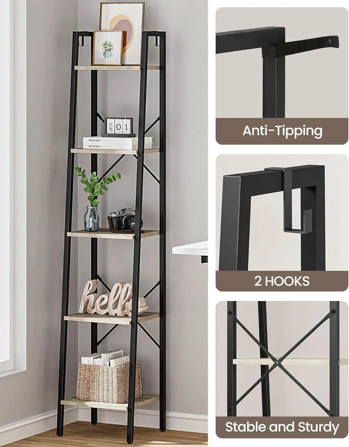 Greige 5 Tier Ladder Shelf Bookcase Freestanding Corner from PriceLows™