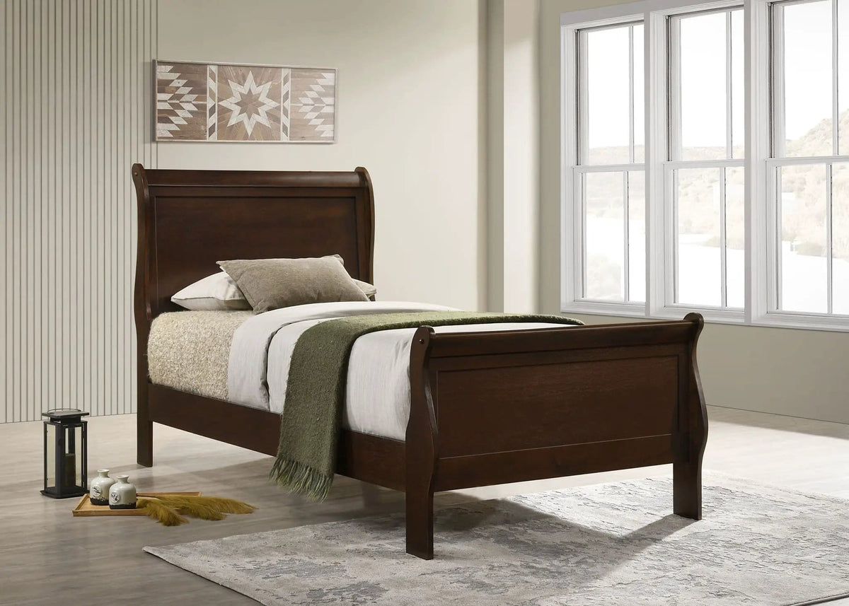 Louis Philippe Wood Twin Sleigh Bed | 41.25 x 84.5 x 47.25 in | Wood | Cappuccino