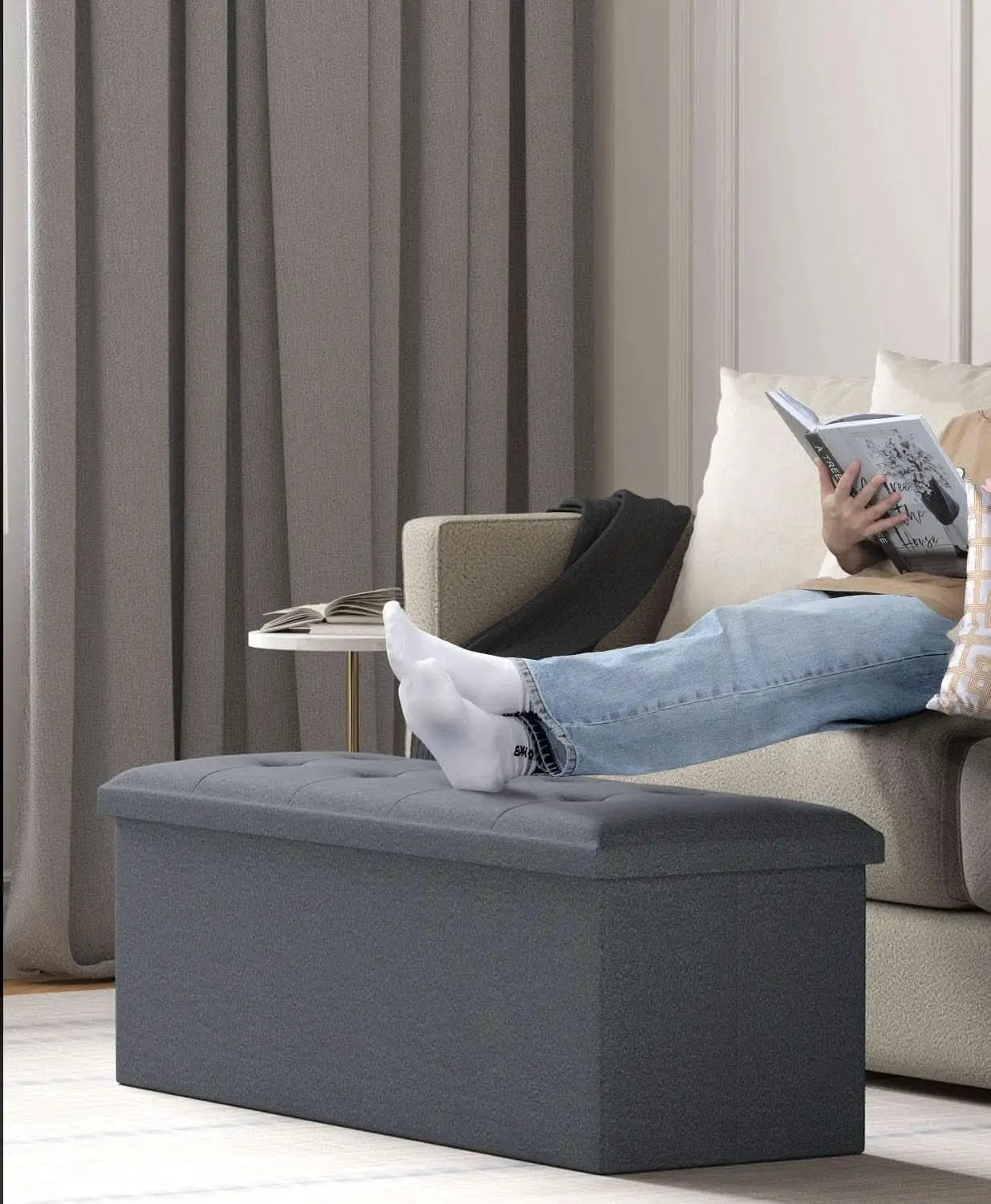 Charcoal Gray Classic Folding Storage Ottoman 43Inch from PriceLows™