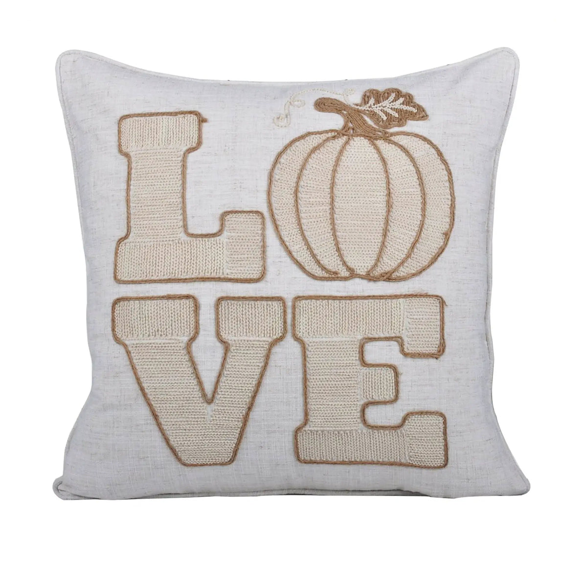 Love Pumpkin Embroidered Throw Pillow | Natural Beige Linen Blend | Textured LOVE Lettering | 20 x 20 Inch