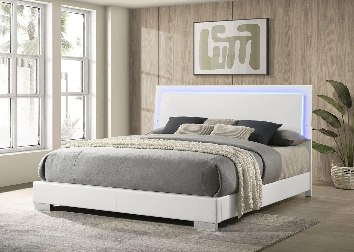 Felicity Wood Eastern King LED Panel Bed White High Gloss | 79.5 x 86.5 x 48.5 in | Faux Leather & Wood | Bedroom