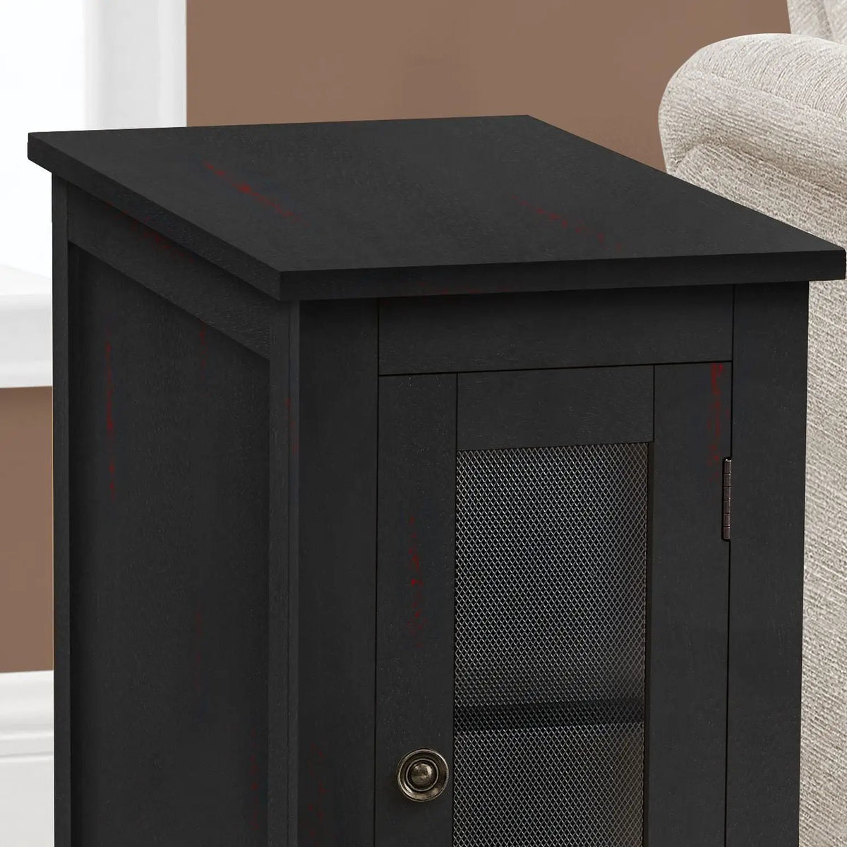Narrow Accent End Table | Transitional Style | Closed Cabinet | Round Metal Knob