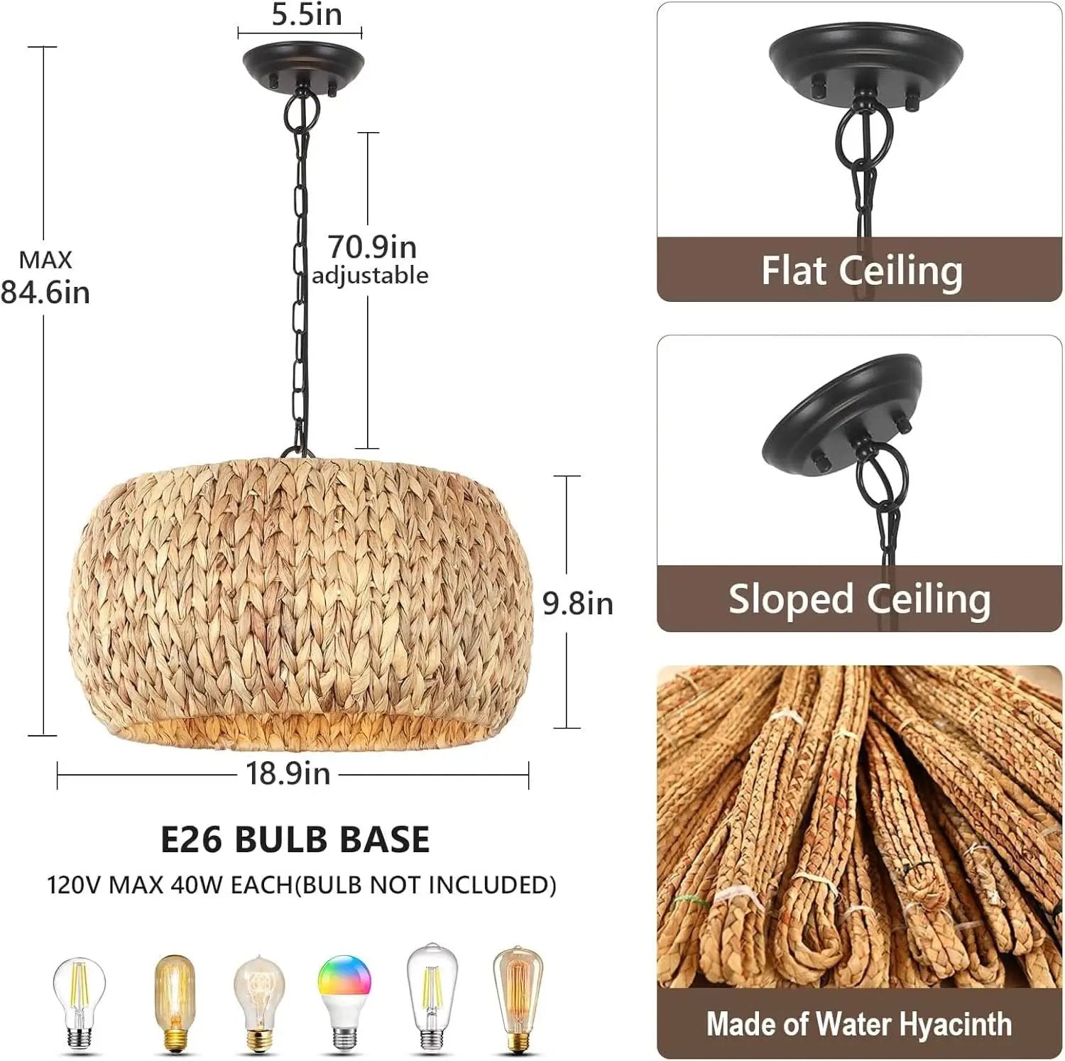 5 Light Farmhouse Rattan Chandelier Natural Water Hyacinth Shade from PriceLows™