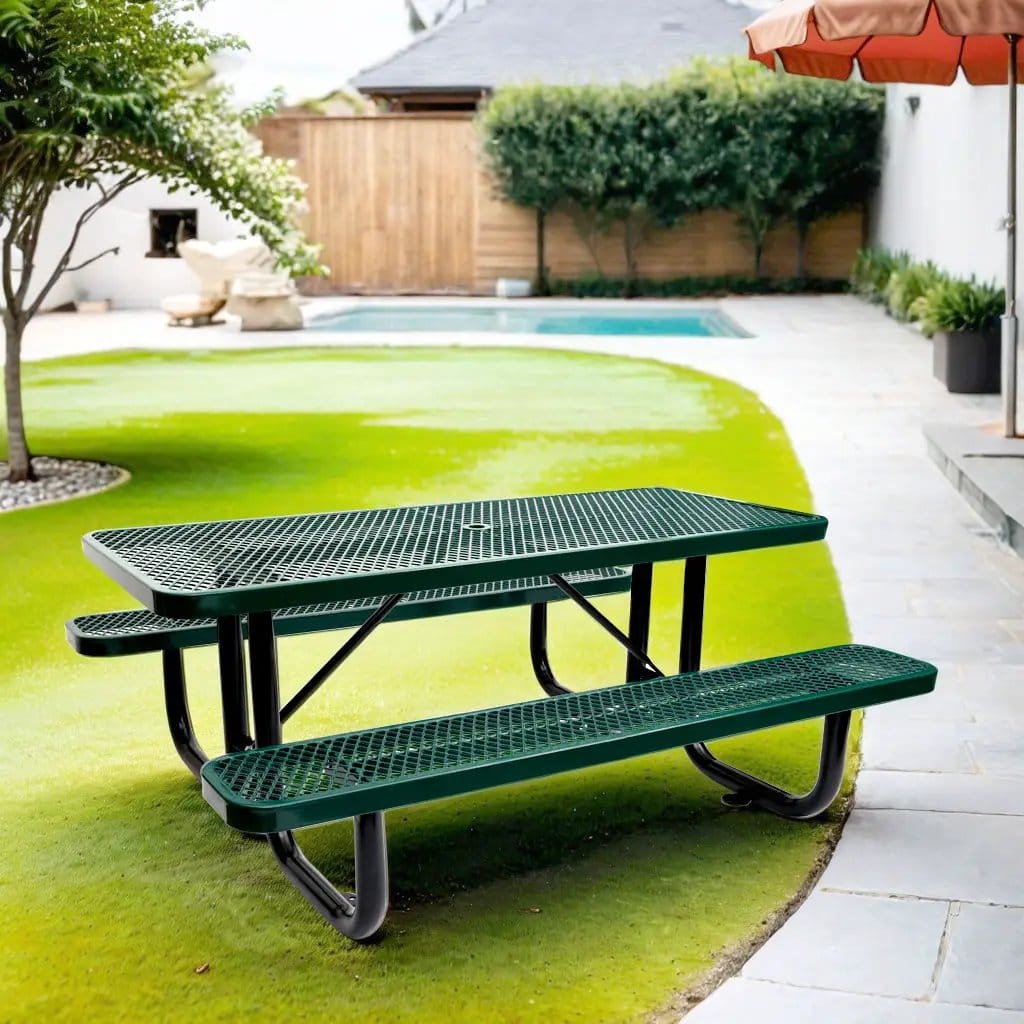Outdoor Steel Picnic Rectangular Table With Umbrella Pole | 3 Pieces | Steel & Metal | Dining Room