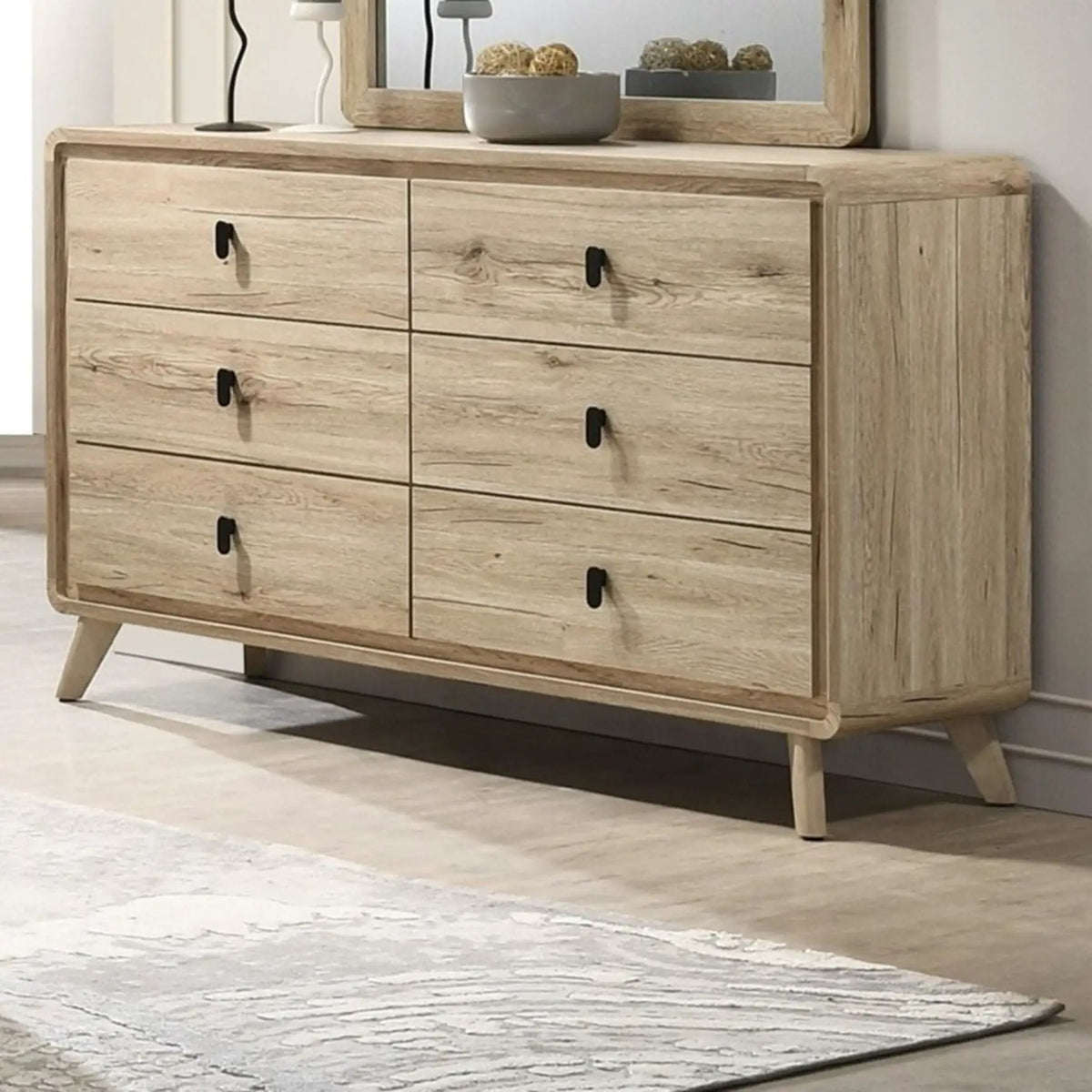 Beige 6 Drawer Dresser | Mid-Century Style | Curved Edges | Wood-Inspired Finish