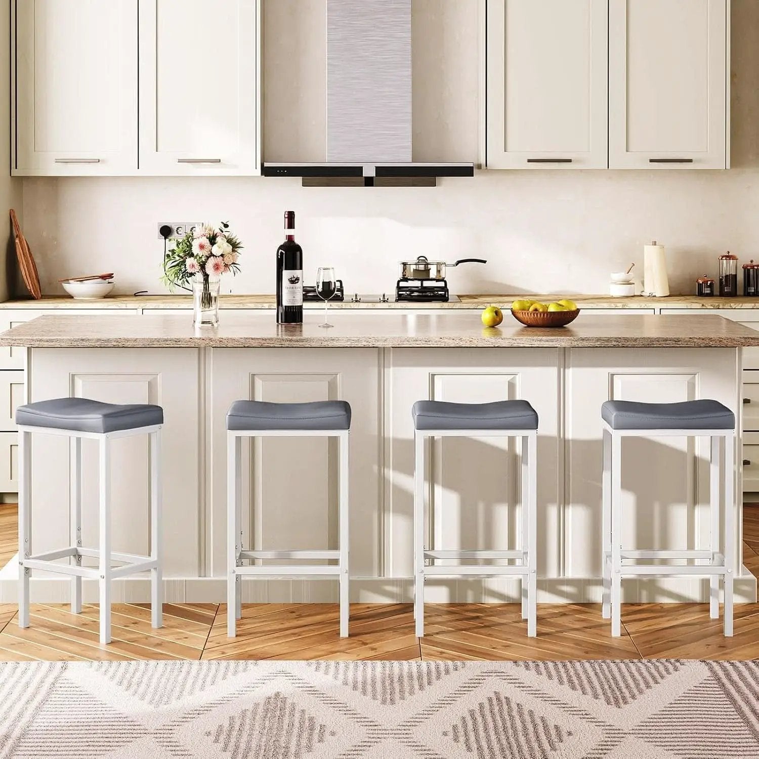 Saddle Bar Stools Set of 2, 24.8 Inches, White and Gray from PriceLows™