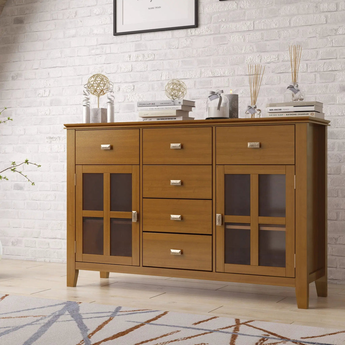 Artisan Sideboard Buffet | Handcrafted Solid Wood | 6 Center Drawers | Metal Glides