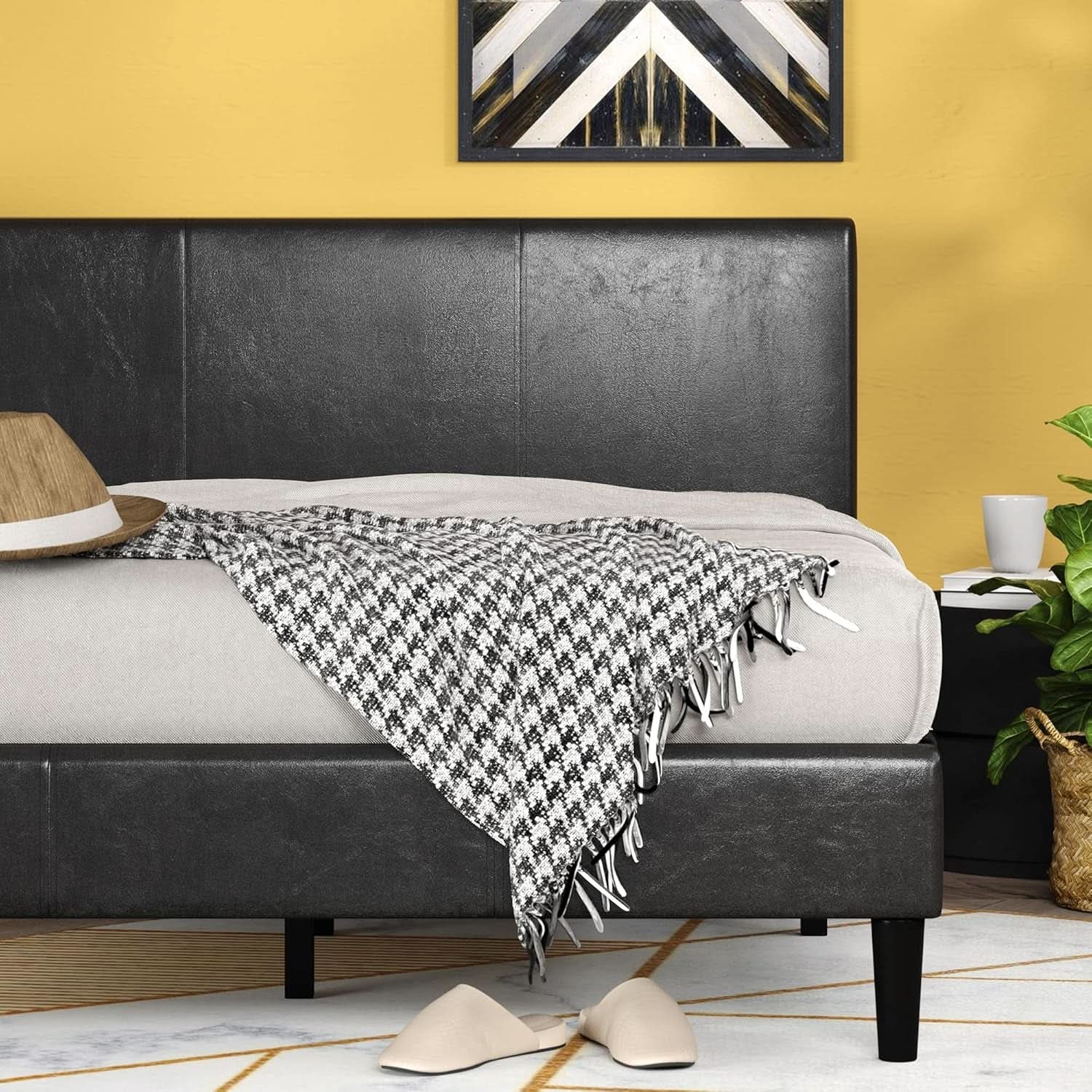 Queen Faux Leather Platform Bed Frame With Wood Slats from PriceLows™