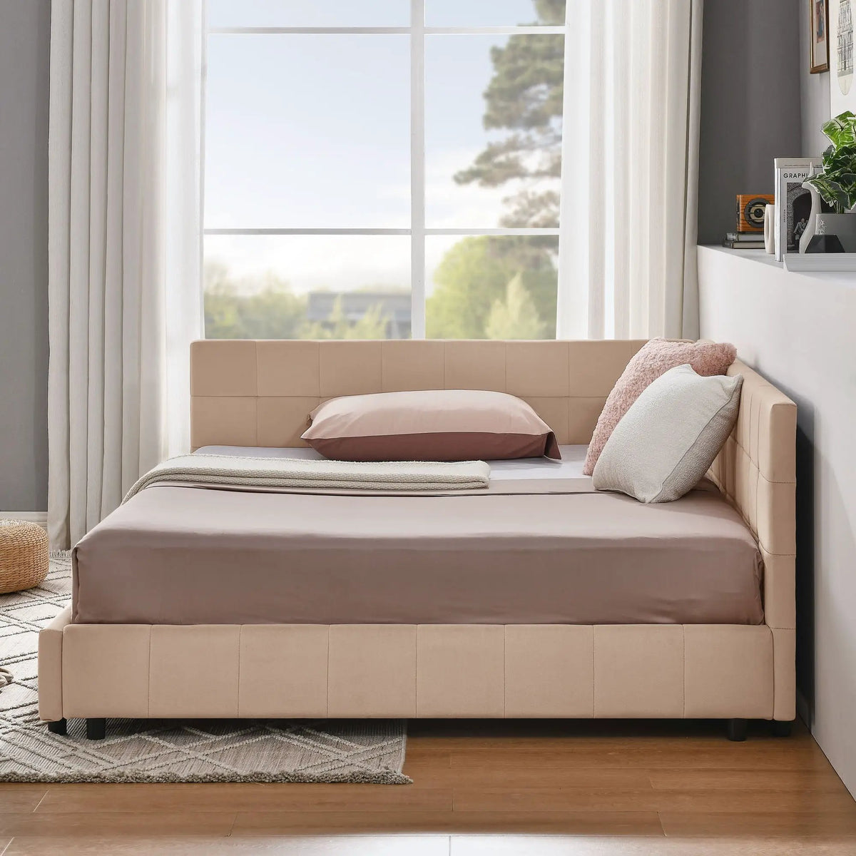 Mid-Century Storage Bed Frame | Upholstered Tufted Design | Backrest And Armrests | Bed Or Sofa Use