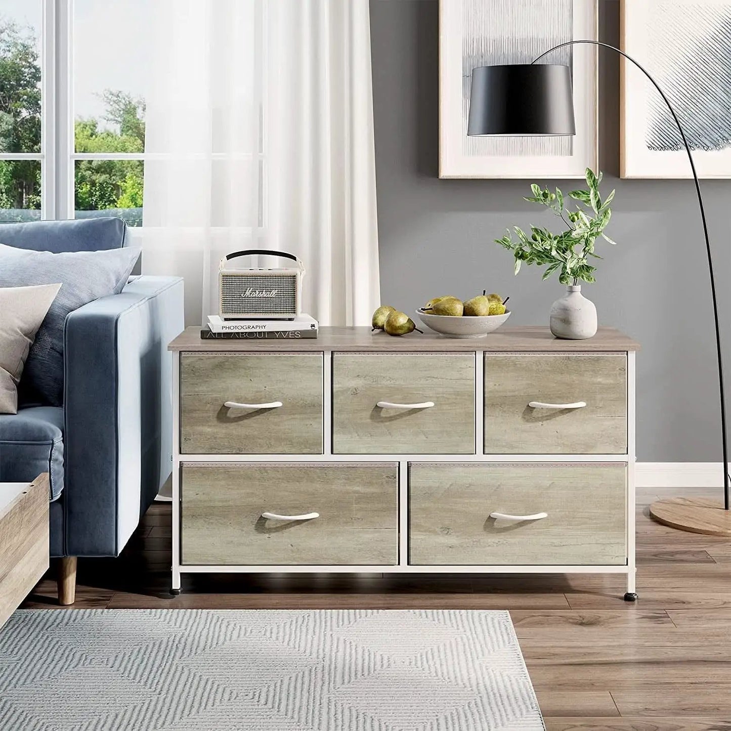5 Drawer Wide Fabric Dresser Organizer With Wood Top from PriceLows™