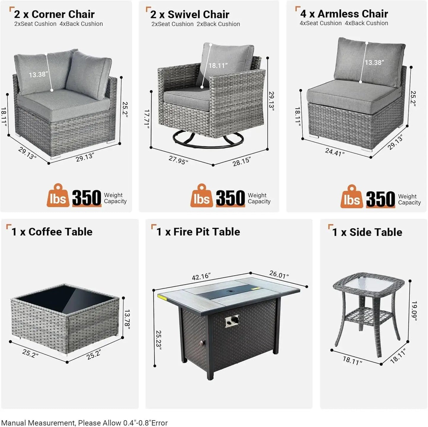 11 Piece Outdoor Patio Furniture Set With Fire Pit Table Dark Grey Wicker Sectional And Swivel Chairs from PriceLows™
