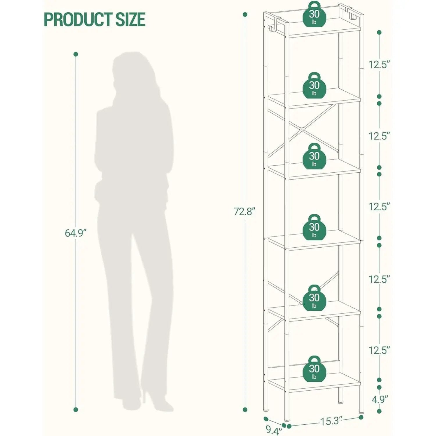 Greige Six Tier Narrow Bookshelf With Two Hooks Industrial from PriceLows™