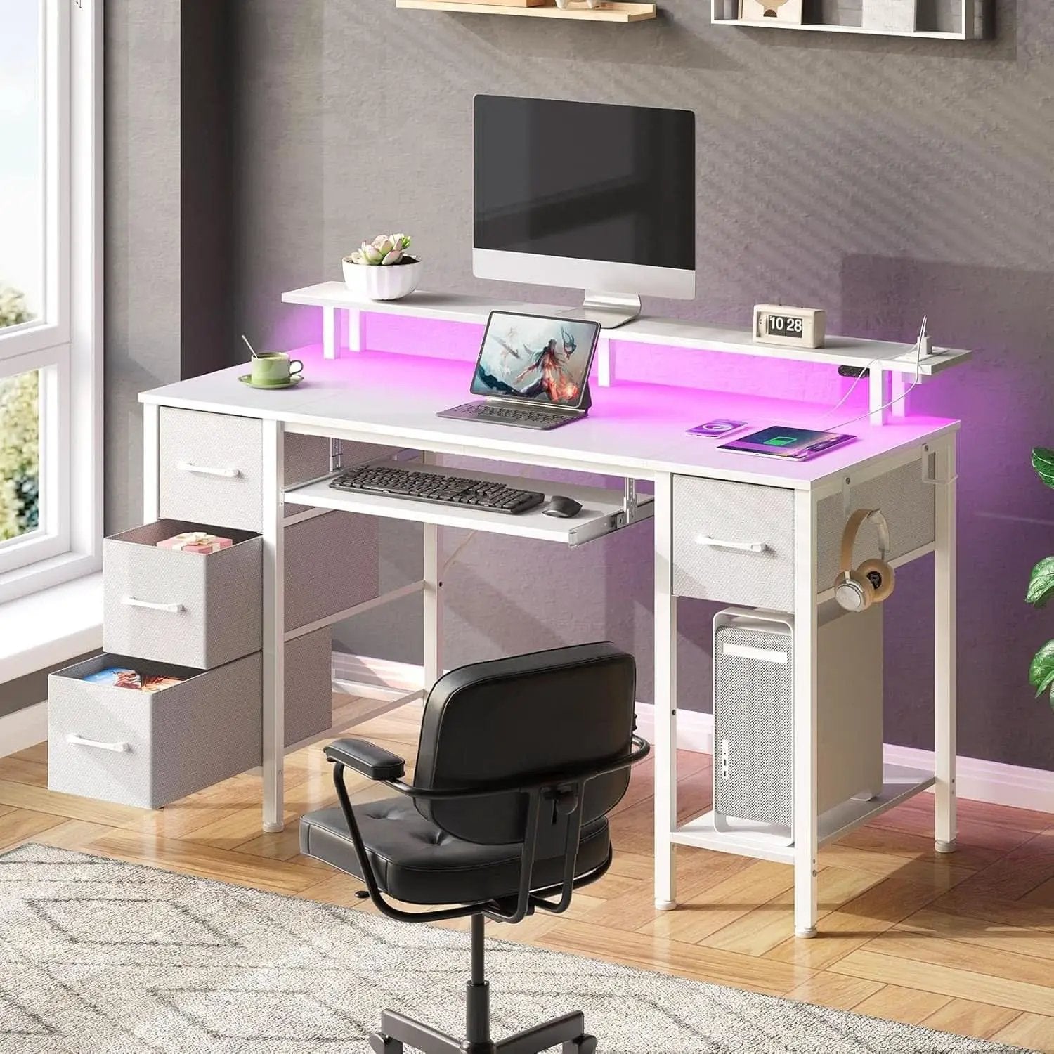 47.2 Inch White LED Desk With Power Outlets And Drawers from PriceLows™