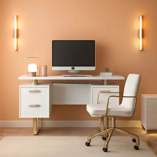 51 Inch White And Gold Desk With Storage Cabinet Drawers from PriceLows™