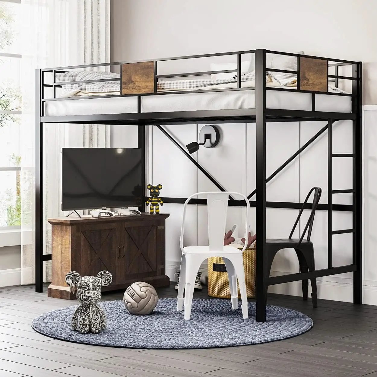 Twin Loft Bed With Ladder And Guard Rail In Rustic Style from PriceLows™