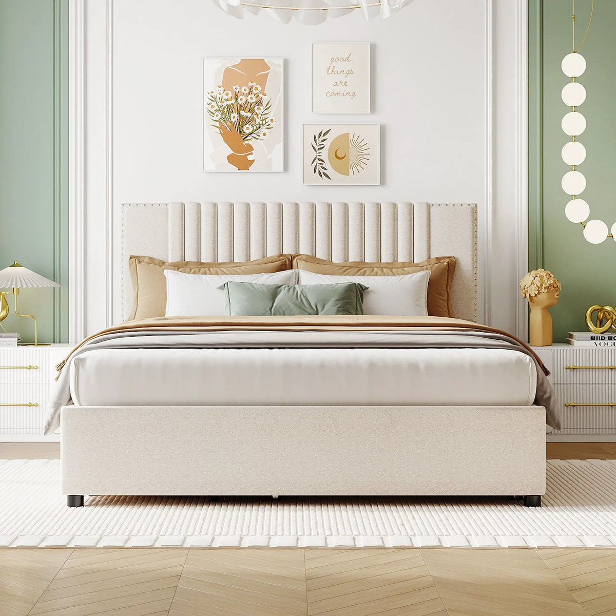 Upholstered Platform Bed | Drawers | Classic Headboard Design | Thick Foam Fill