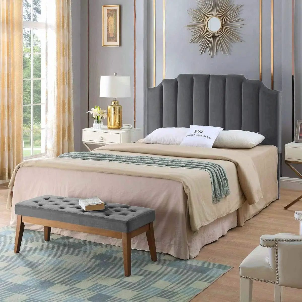 Dark Gray Velvet Tufted Queen Headboard with Curved Design from PriceLows™