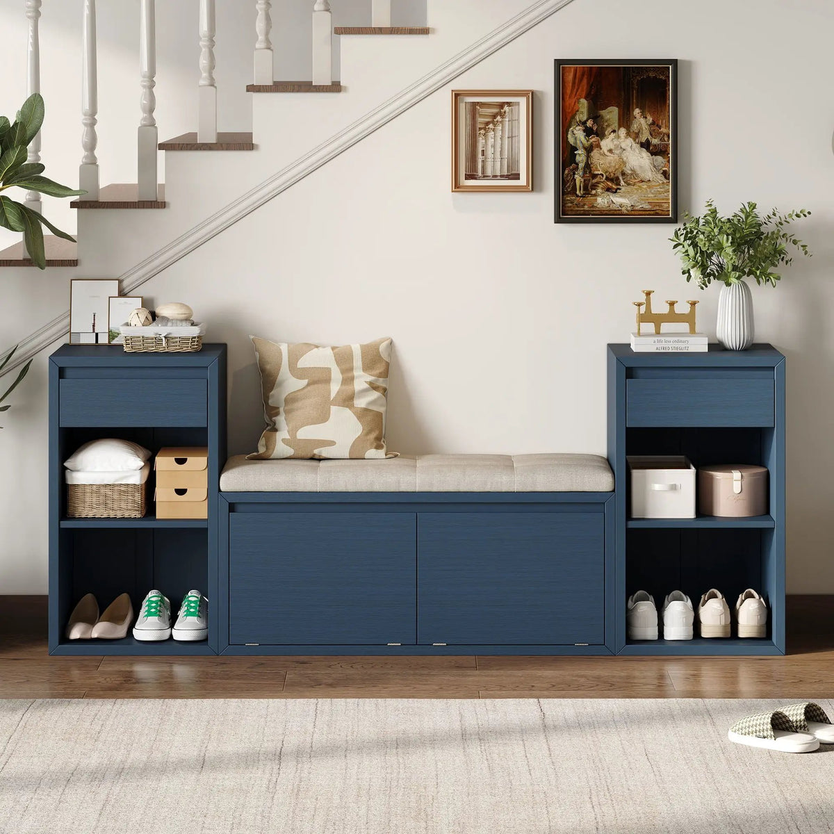 Entryway Storage Bench | Flip Top Compartment | Pine Wood Frame