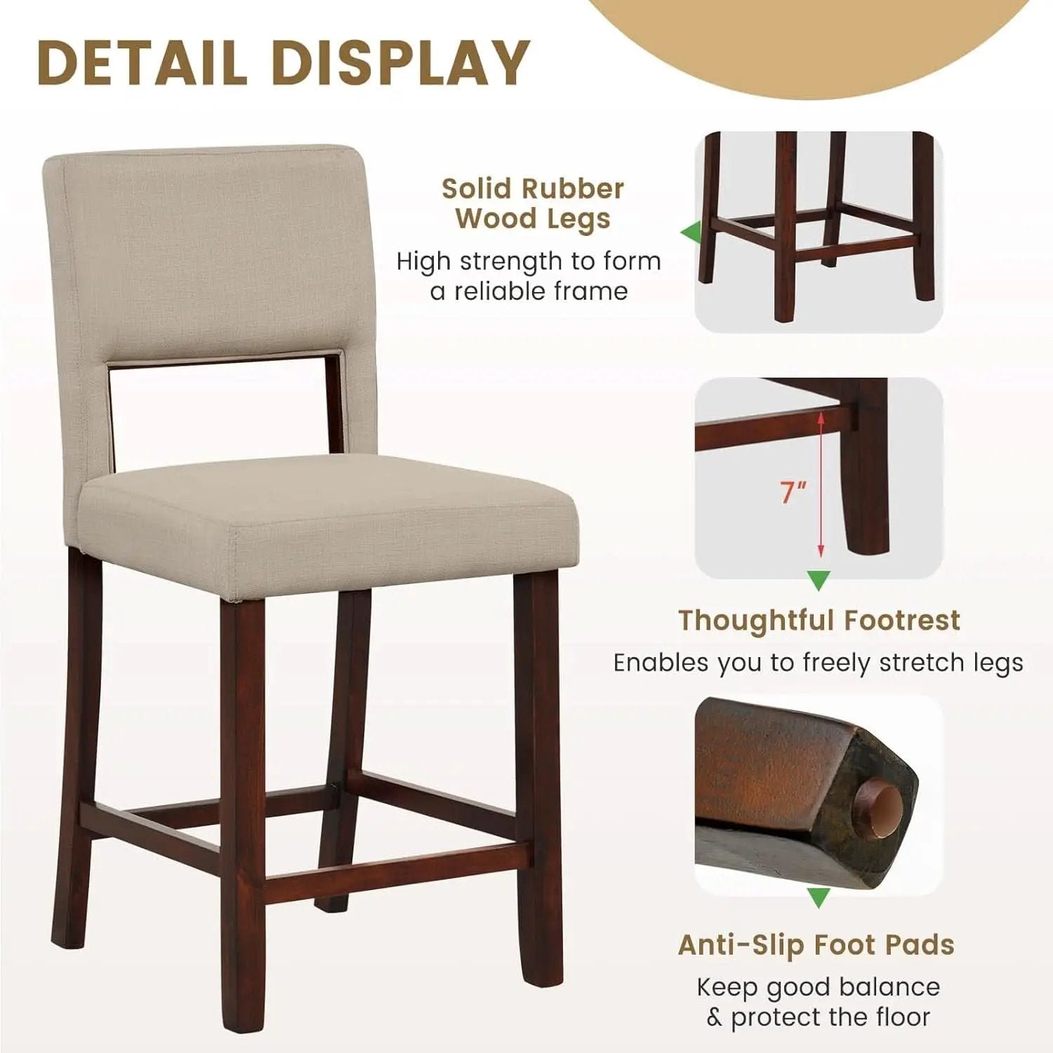 24.5 Inch Counter Height Bar Stools Set Of 4 With Back Upholstered Beige Linen For Kitchen Island from PriceLows™