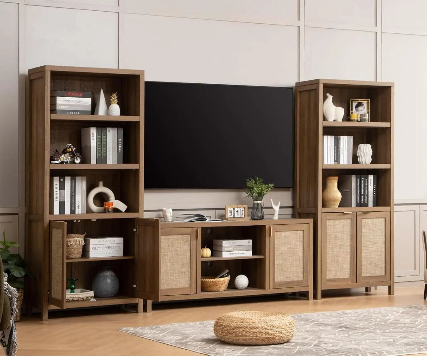 Boho Rattan TV Stand With Adjustable Shelves 59 Inch Oak from PriceLows™