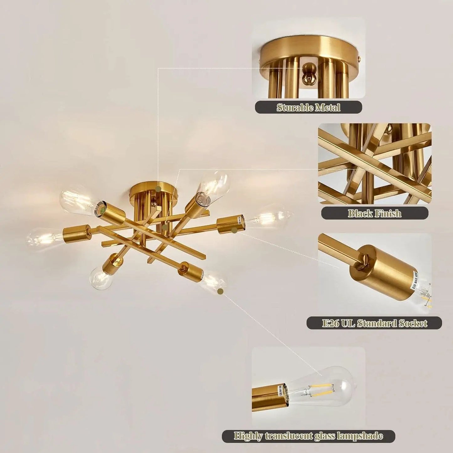 Gold Sputnik Chandelier Semi Flush Mount Ceiling Light from PriceLows™