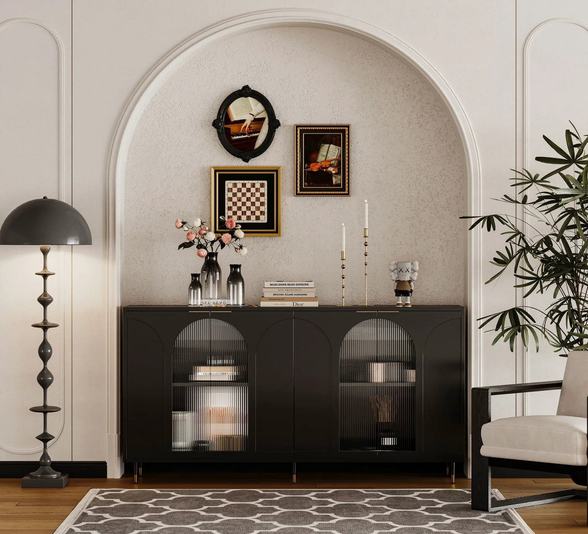Accent Cabinet Lacquered Wooden Cabinet With 4 Glass Doors Sideboard Buffet Server | 59.84 x 15.75 x 33.46 in | Glass & Metal | Dining Room