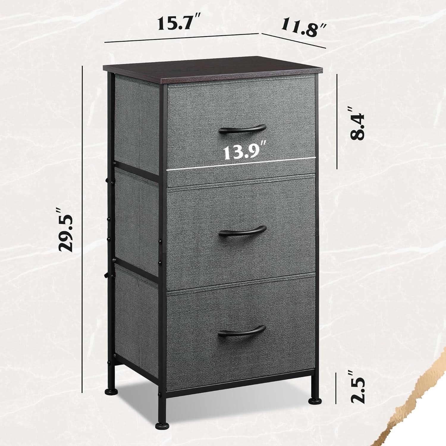 Dark Grey Dresser With 3 Drawers, Steel Frame, Wood Top from PriceLows™