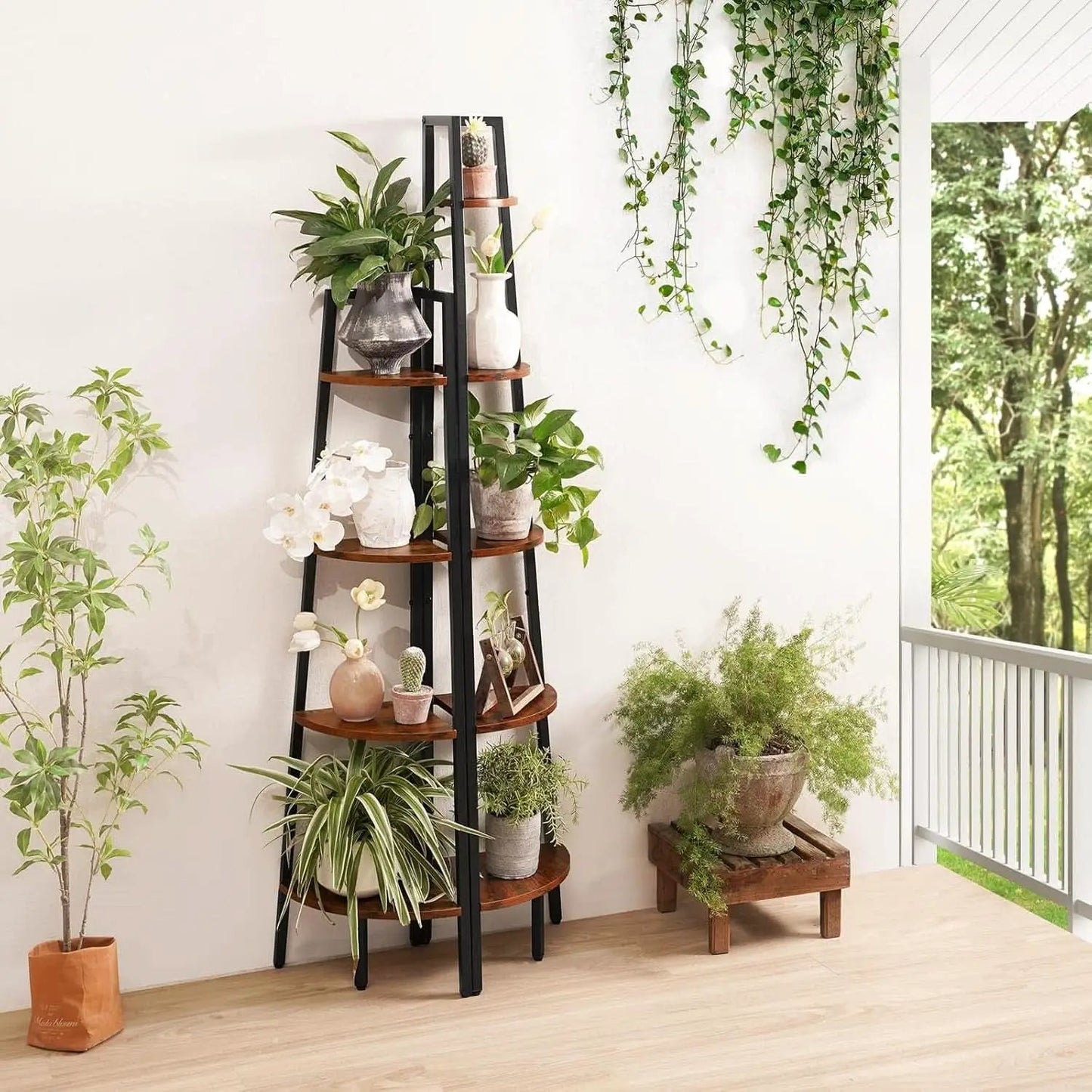 4 Tier Corner Bookshelf With Metal Frame Ladder Display from PriceLows™