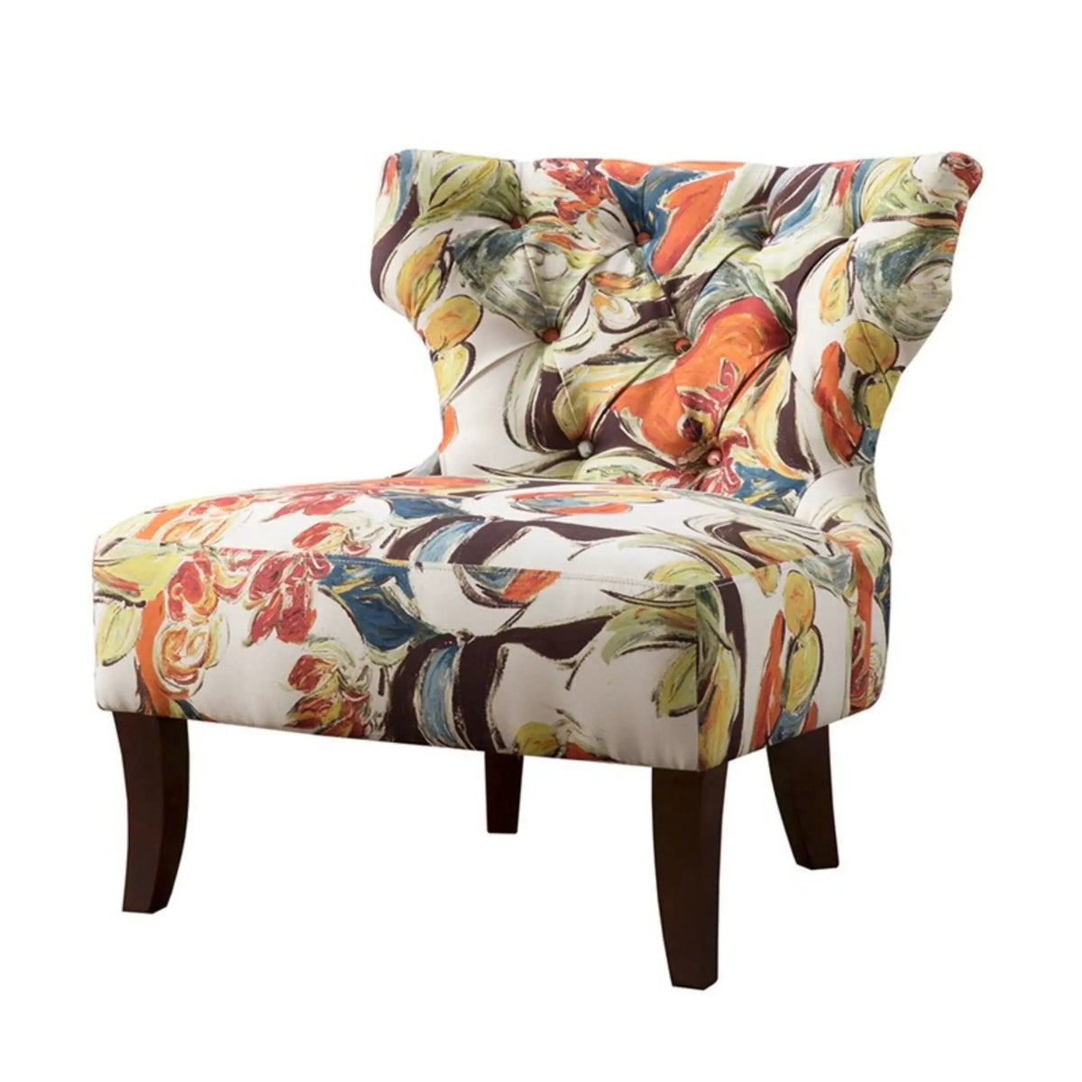 Erika Accent Chair | Printed Upholstery | Button Tufted Back | Solid Wood Frame