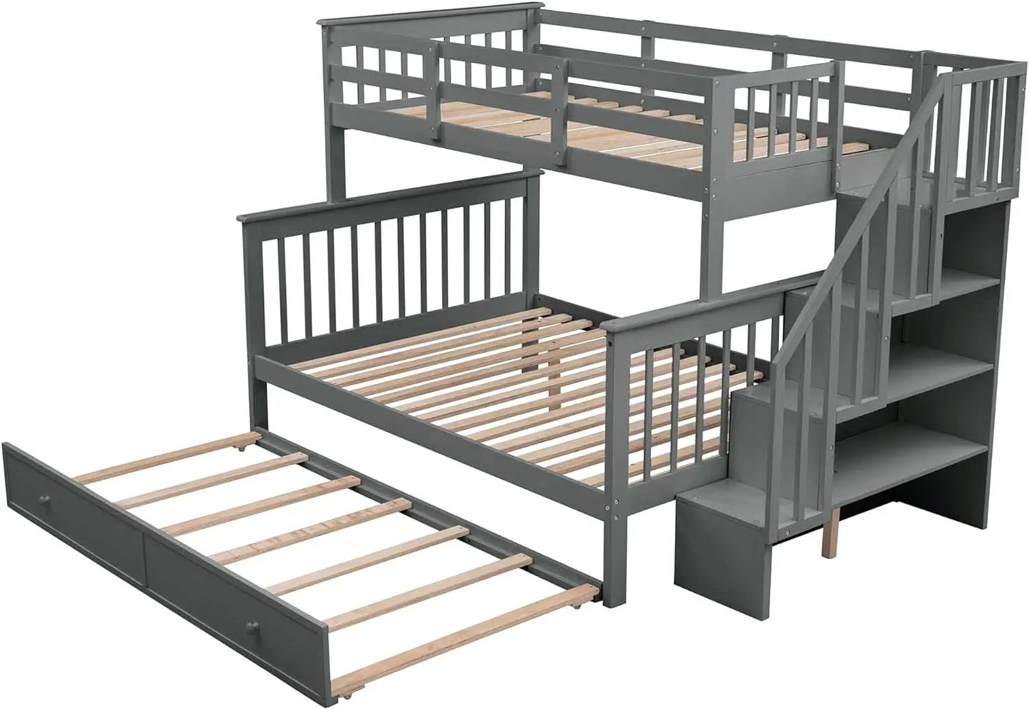 Twin Over Full Bunk Bed With Trundle Storage Shelves Grey from PriceLows™