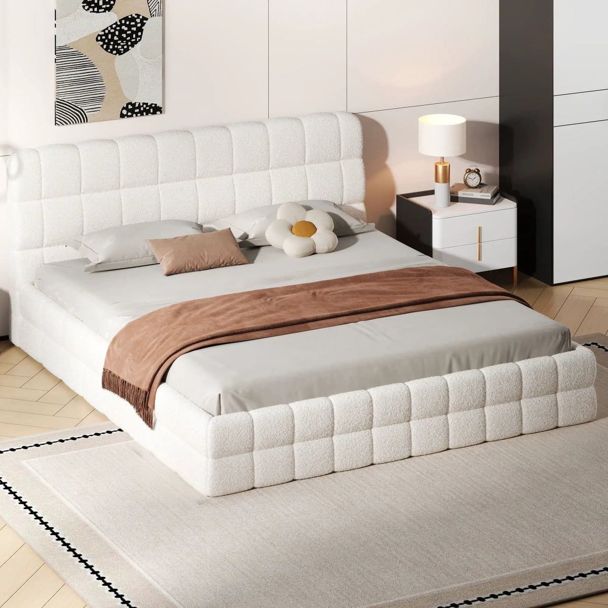 Upholstered Platform Bed With Headboard | 3 Pieces | Pine Wood & Metal | Bedroom