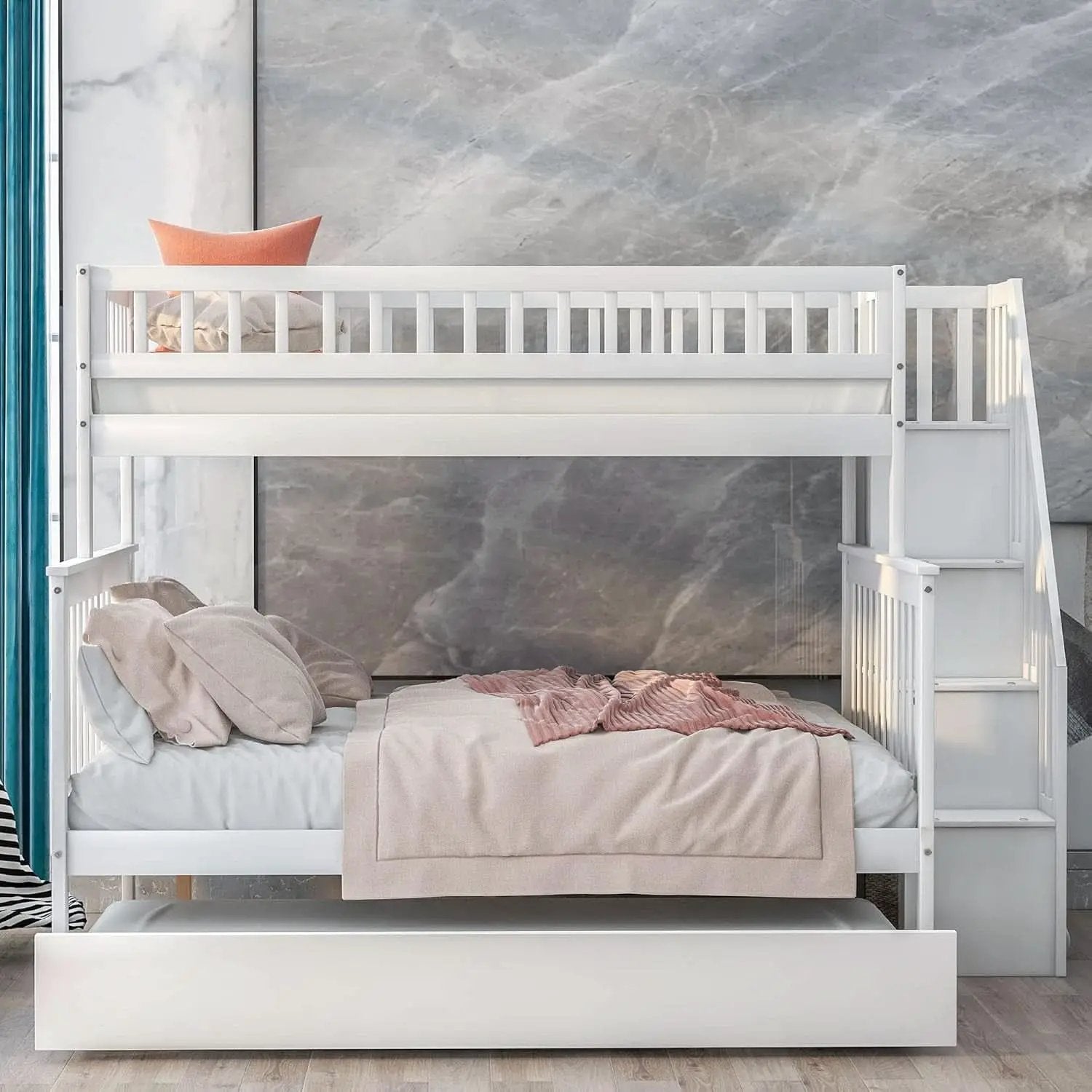 Twin Over Full Bunk Bed With Stairs And Trundle White Wood from PriceLows™