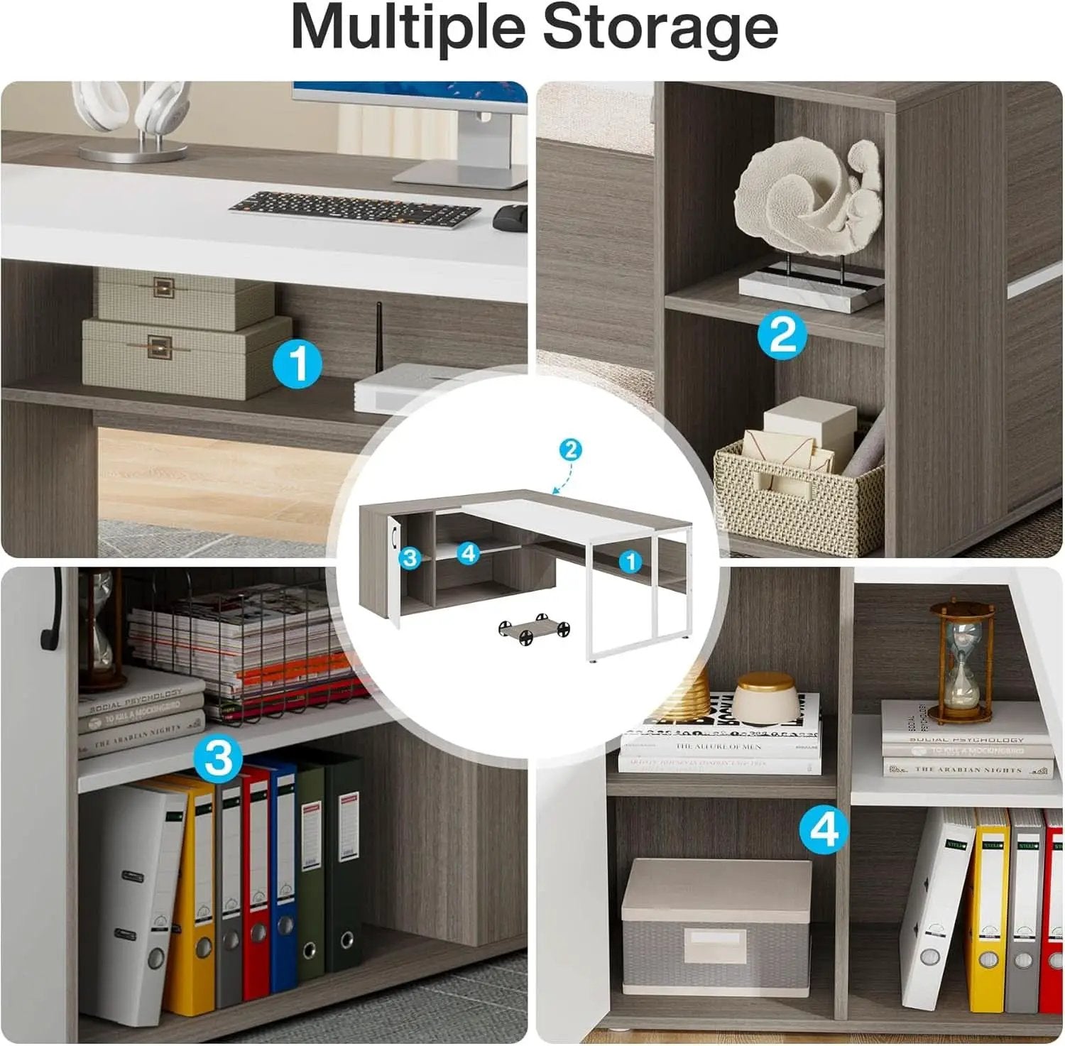 71 Inch Executive L Shaped Desk Cabinets Gray And White from PriceLows™