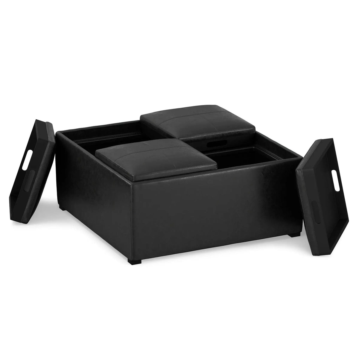 Avalon Upholstered Storage Ottoman | Vegan Leather | Four Flip Over Serving Trays | 35 Inch Width