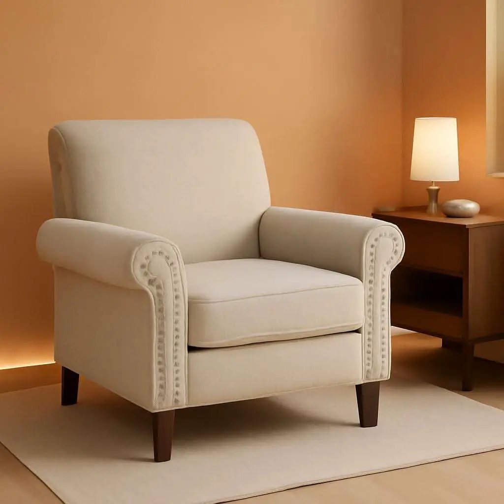 Beige Mid Century Modern Accent Chair Nailhead Trim from PriceLows™