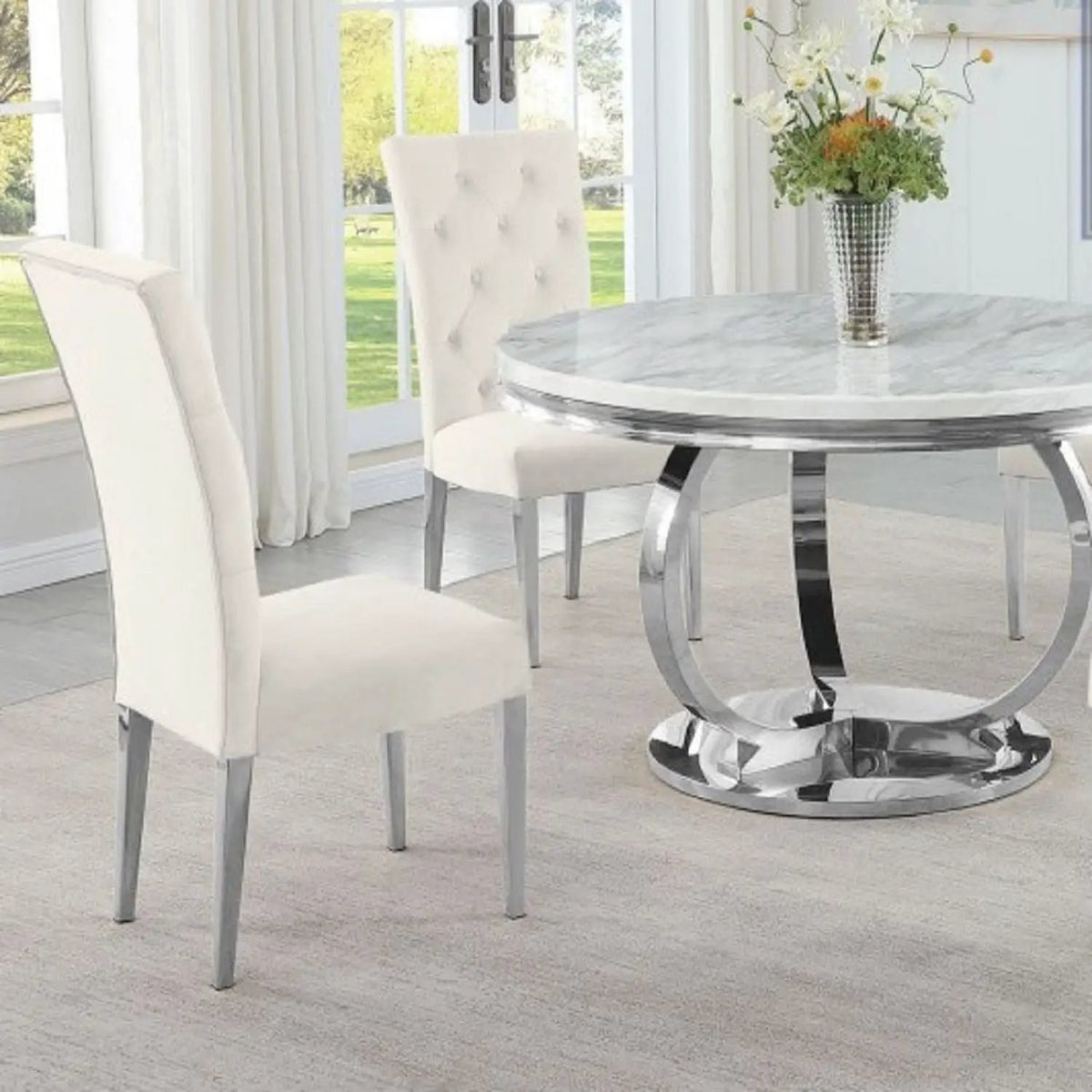 Tufted Dining Chair | Fabric Upholstery | Metal Base | Set Of Two