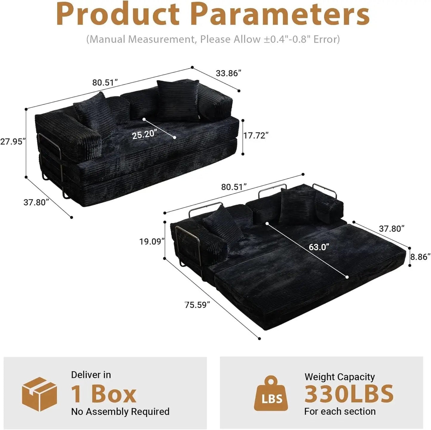 81 Inch Foldable Black Sofa Bed MemoryFoamContourPlus from PriceLows™