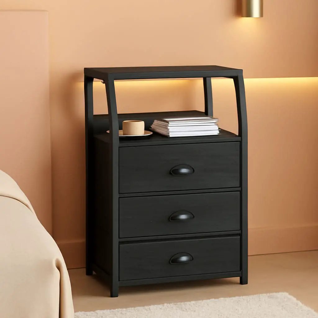 Black Night Stand With 3 Fabric Drawers And 2 Tier Shelf from PriceLows™