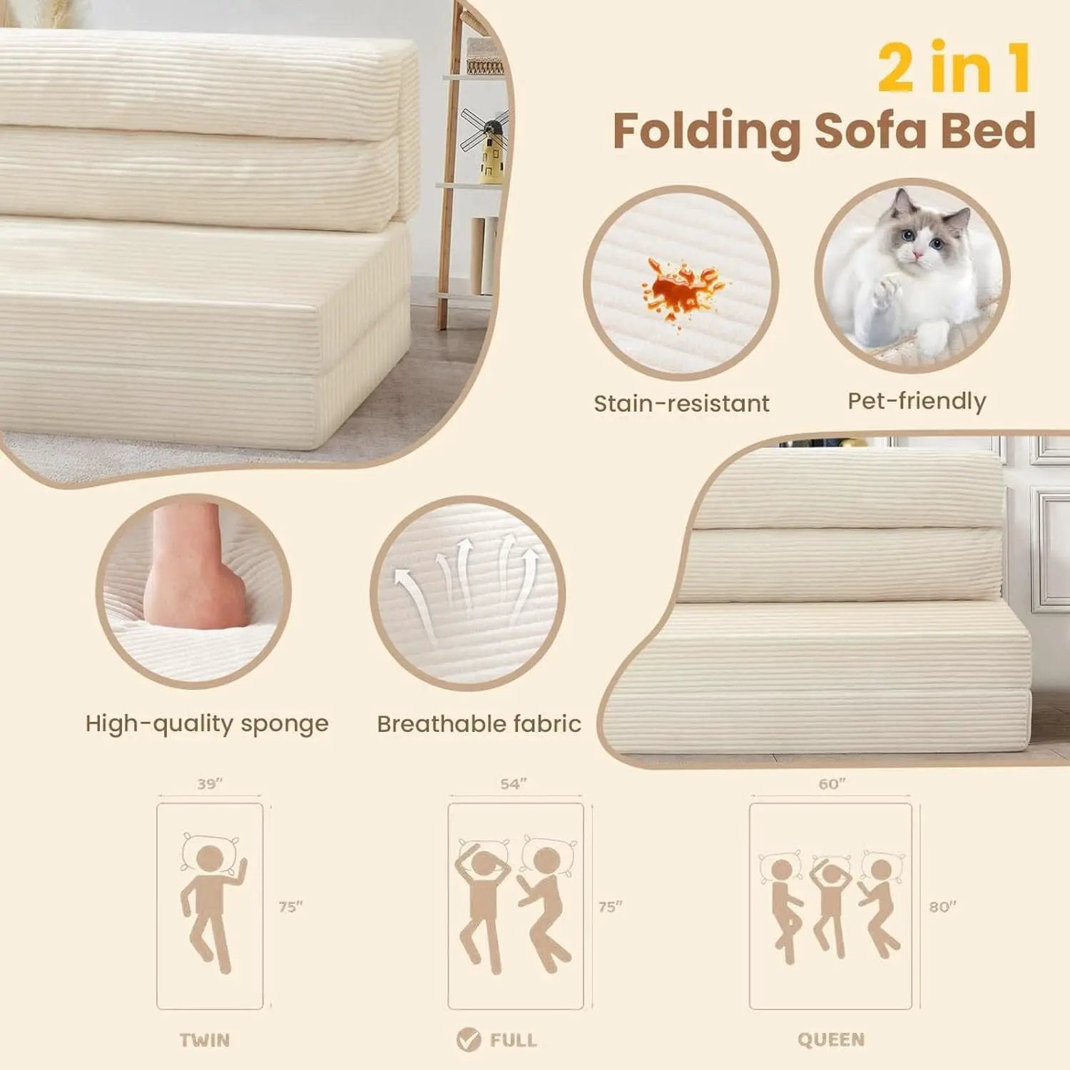 Corduroy Convertible Folding Sofa Bed With Mattress from PriceLows™