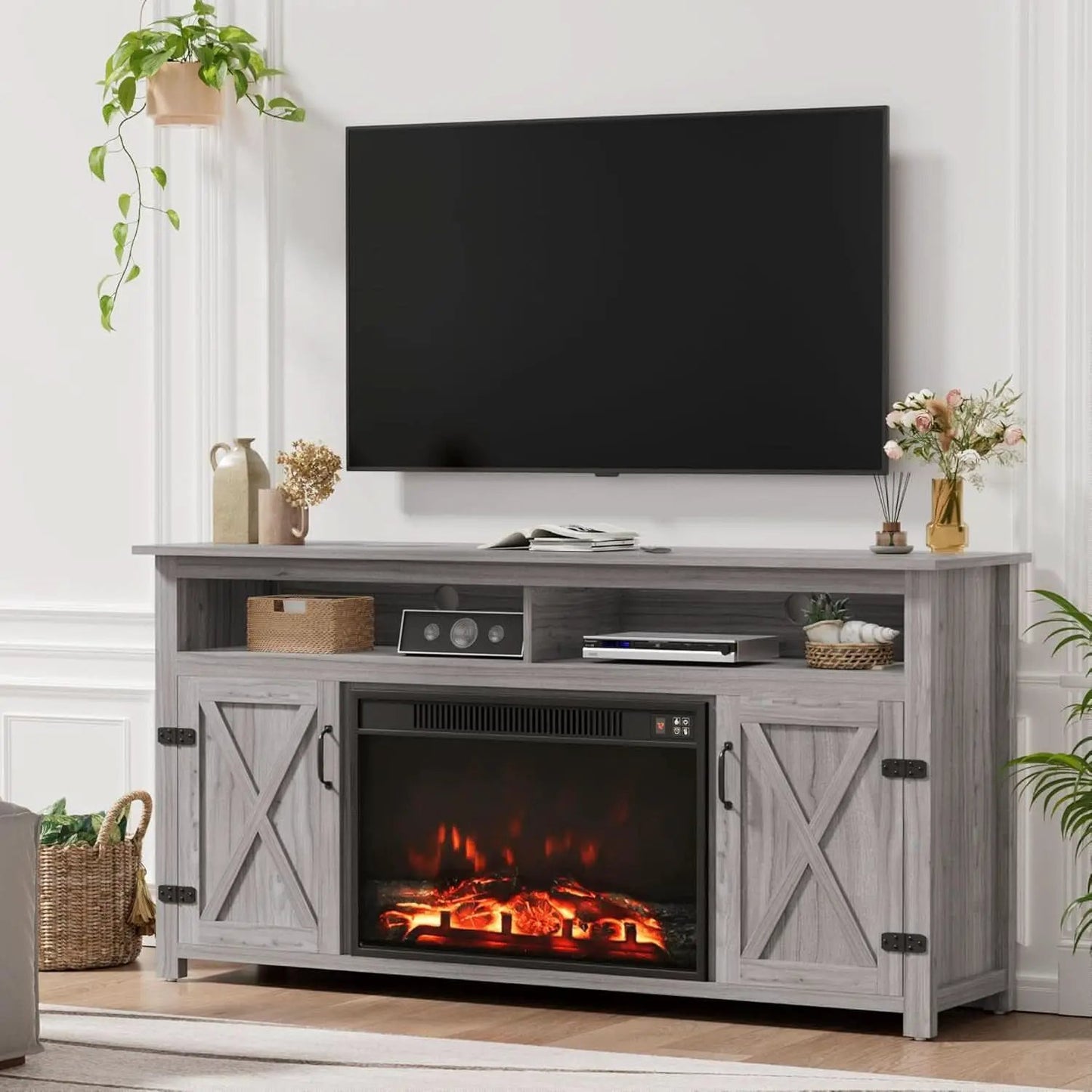 Rustic Fireplace TV Stand 65 Inch with Barn Doors Grey Wash from PriceLows™