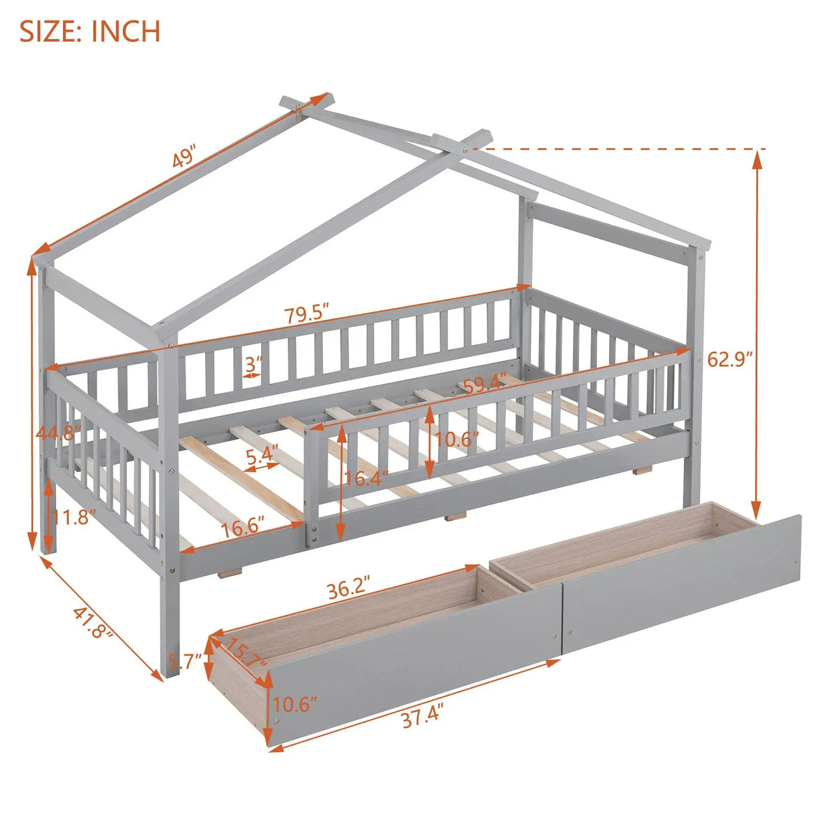 Kids House Bed With 2 Drawers | Sky Roof Design | Classic House Shape | 62.9 Inch Height