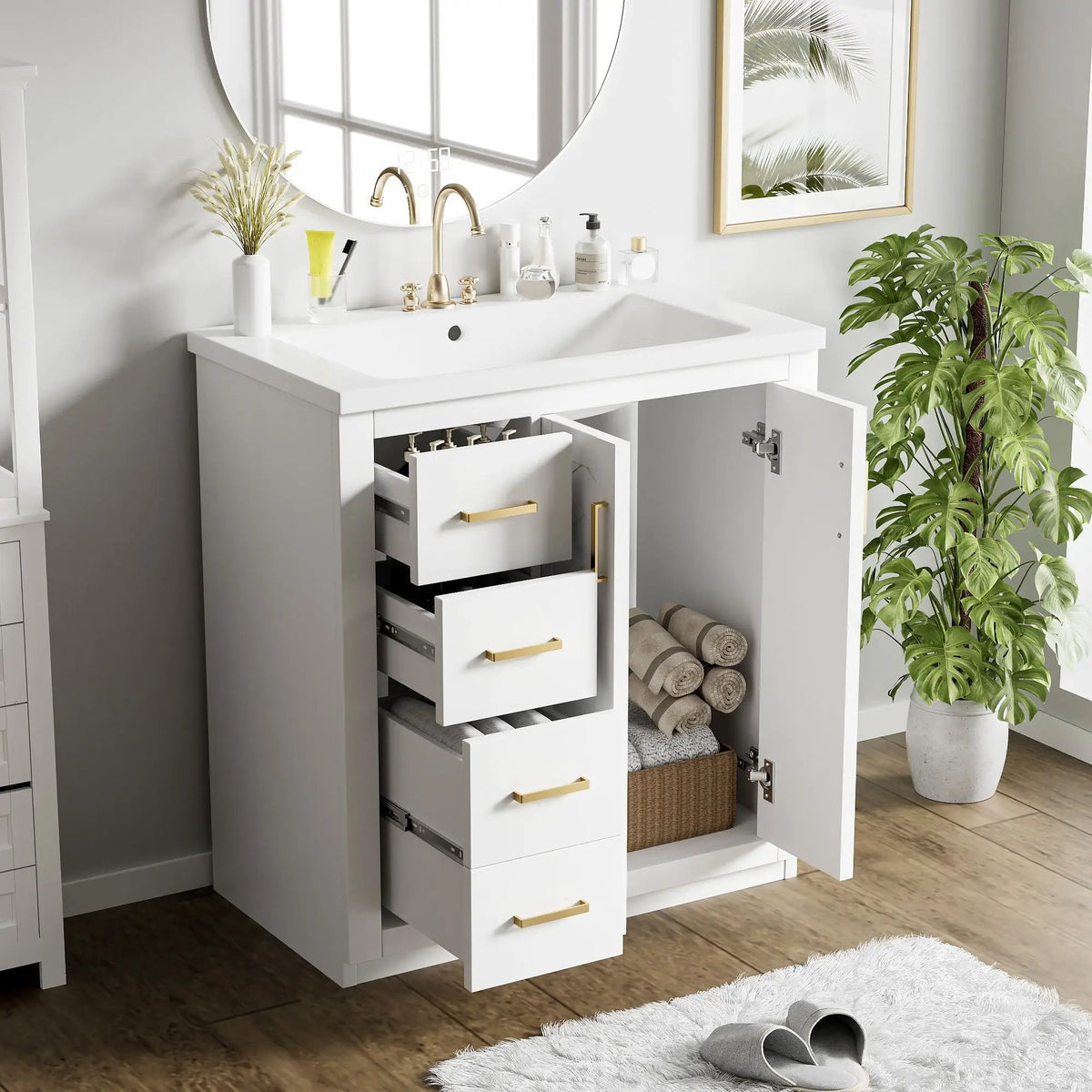 30 Inch Bathroom Vanity | 3 Drawers Soft Close | Solid Wood Ceramic Combo