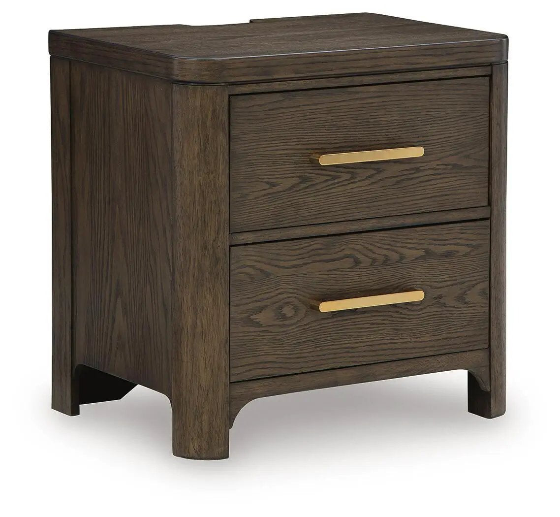 Radkin Two Drawer Nightstand | Charging | Burnished Brown | Lined Top Drawer