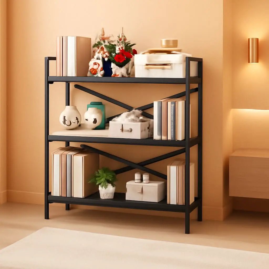 3 Tier Bookshelf 31 Inch Width Wood And Metal Etagere Black from PriceLows™