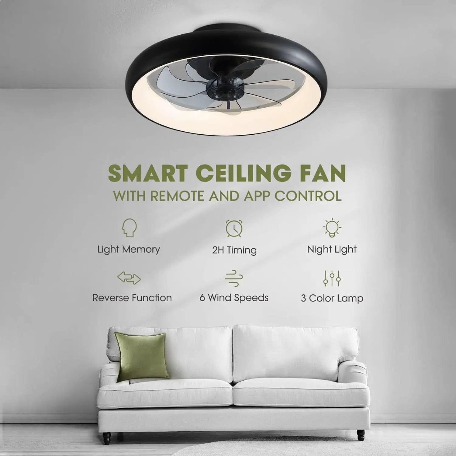 20 Inch Black Flush Mount Smart Ceiling Fan With LED Lights from PriceLows™
